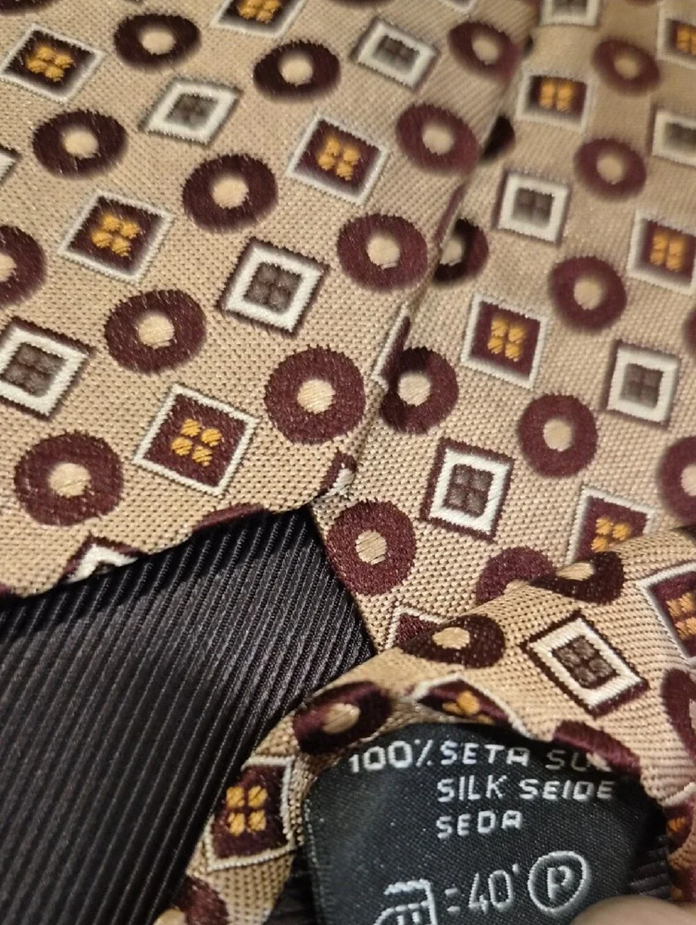 Ermenegildo Zegna Silk Brown and Cream Geometric Tie Made In Italy